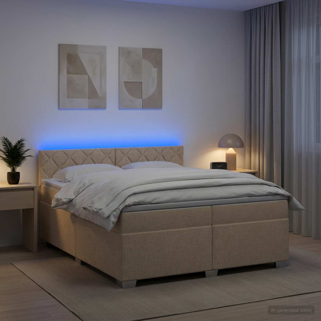 vidaXL Cama con Base Tapizada, Colchón y Luz LED Crema 200 x 200 cm