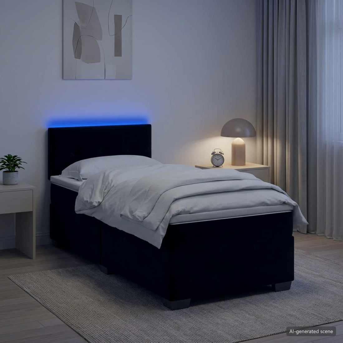 vidaXL Cama con Base Tapizada, Colchón y Luz LED Negro 90 x 190 cm
