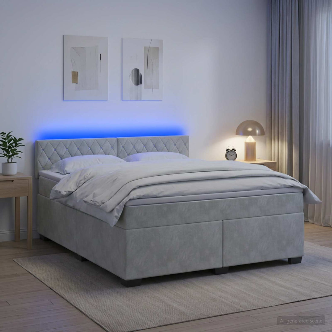 vidaXL Cama con Base Tapizada, Colchón y Luz LED Gris Claro