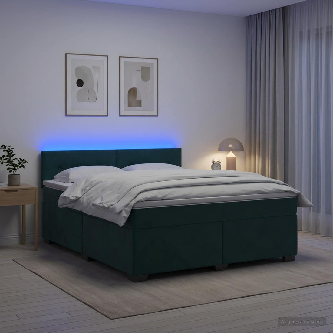 vidaXL Cama con Base Tapizada, Colchón y Luz LED Verde oscuro