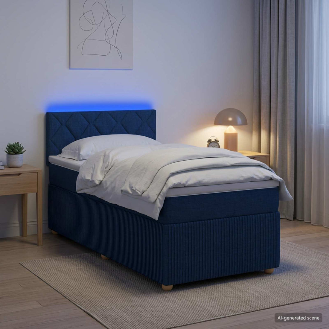 vidaXL Cama box spring con colchón con tiras LED Azul 90 x 190 cm Tela