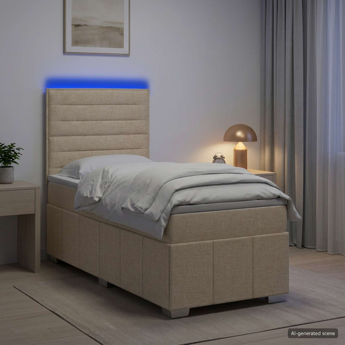 vidaXL Cama de muelles con LED y colchón Crema 100 x 200 cm Tela