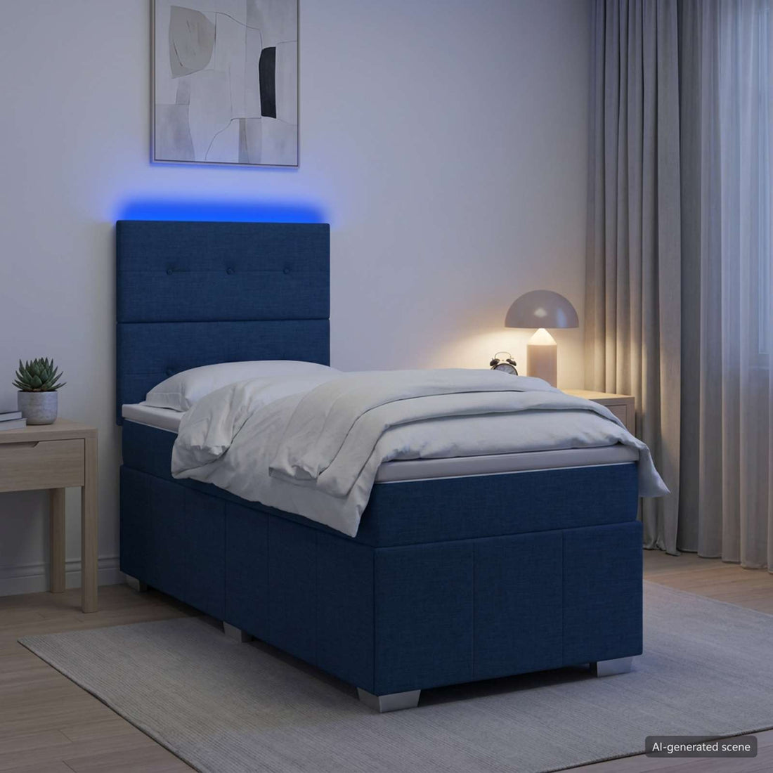 vidaXL Cama de muelles con LED y colchón Azul 100 x 200 cm Tela