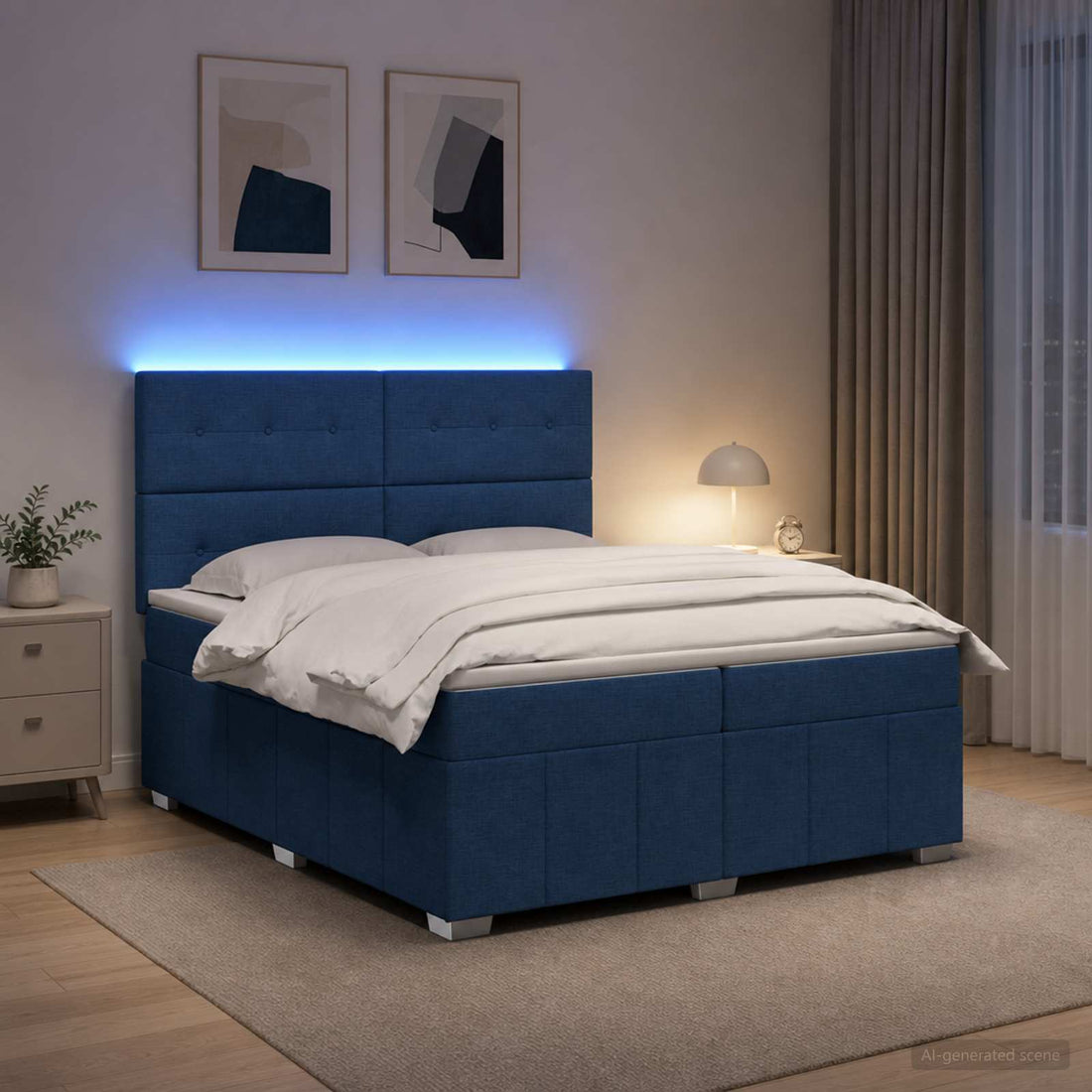 vidaXL Cama de muelles con LED y colchón Azul 200 x 200 cm Tela