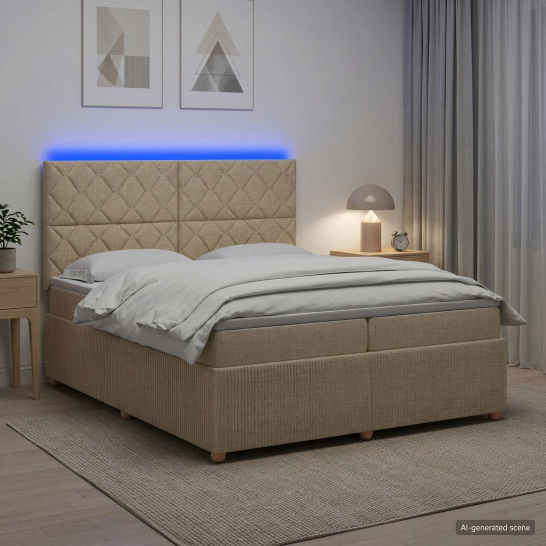 vidaXL Cama de muelles con LED y colchón Crema 200 x 200 cm Tela