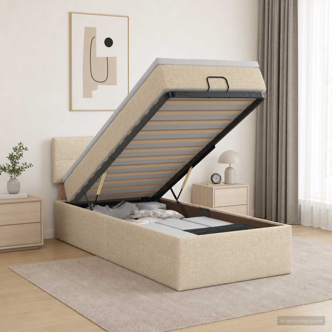 vidaXL Cama otomana con colchón con cabecera Crema 90 x 200 cm Tela