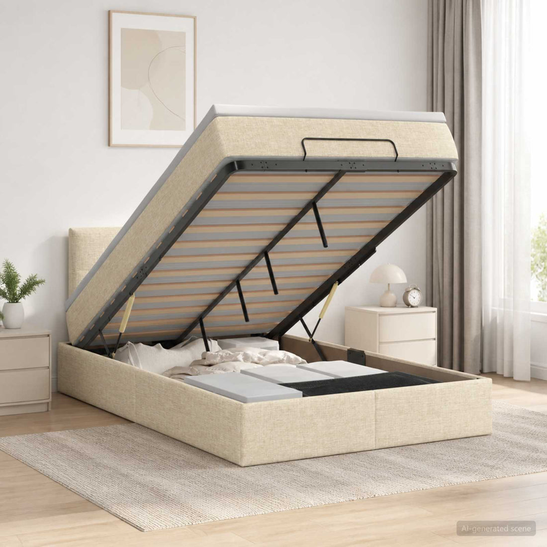 vidaXL Cama otomana con colchón con cabecera Crema 120 x 200 cm Tela