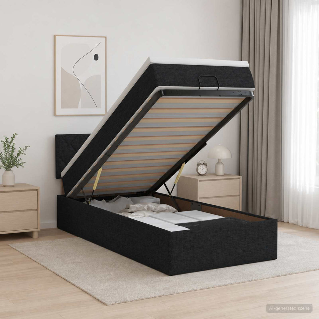 vidaXL Cama otomana con colchón con cabecera Negro 100 x 200 cm Tela