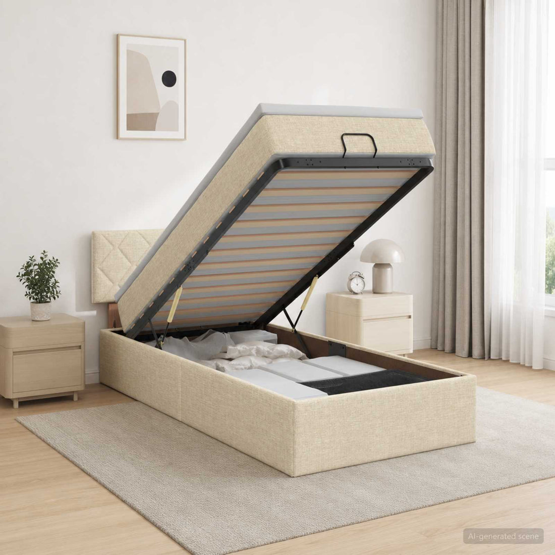 vidaXL Cama otomana con colchón con cabecera Crema 100 x 200 cm Tela