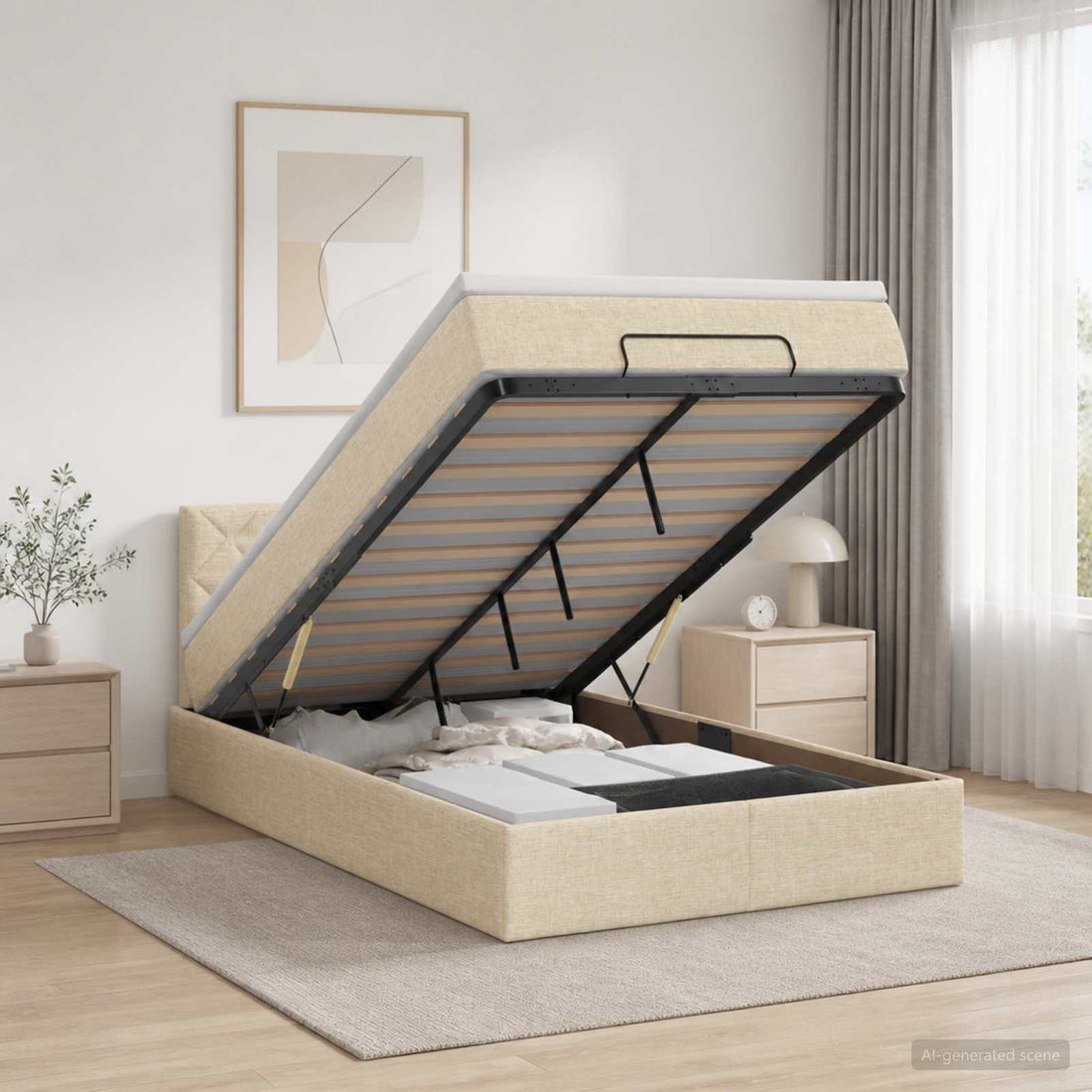 vidaXL Cama tipo otomana con colchón y LED Crema 120 x 190 cm Tela