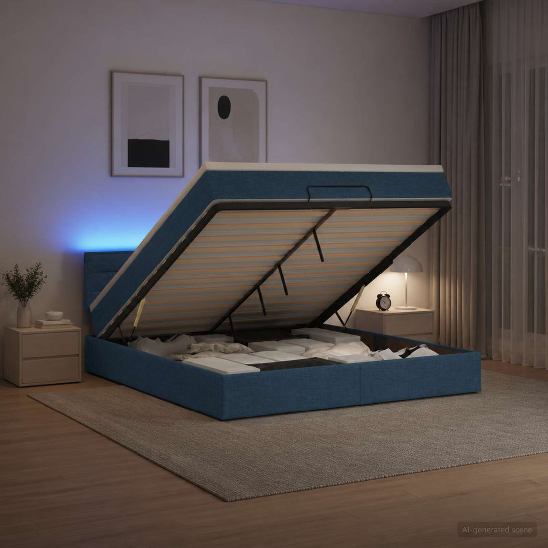 vidaXL Cama tipo otomana con colchón y LED Azul 180 x 200 cm Tela