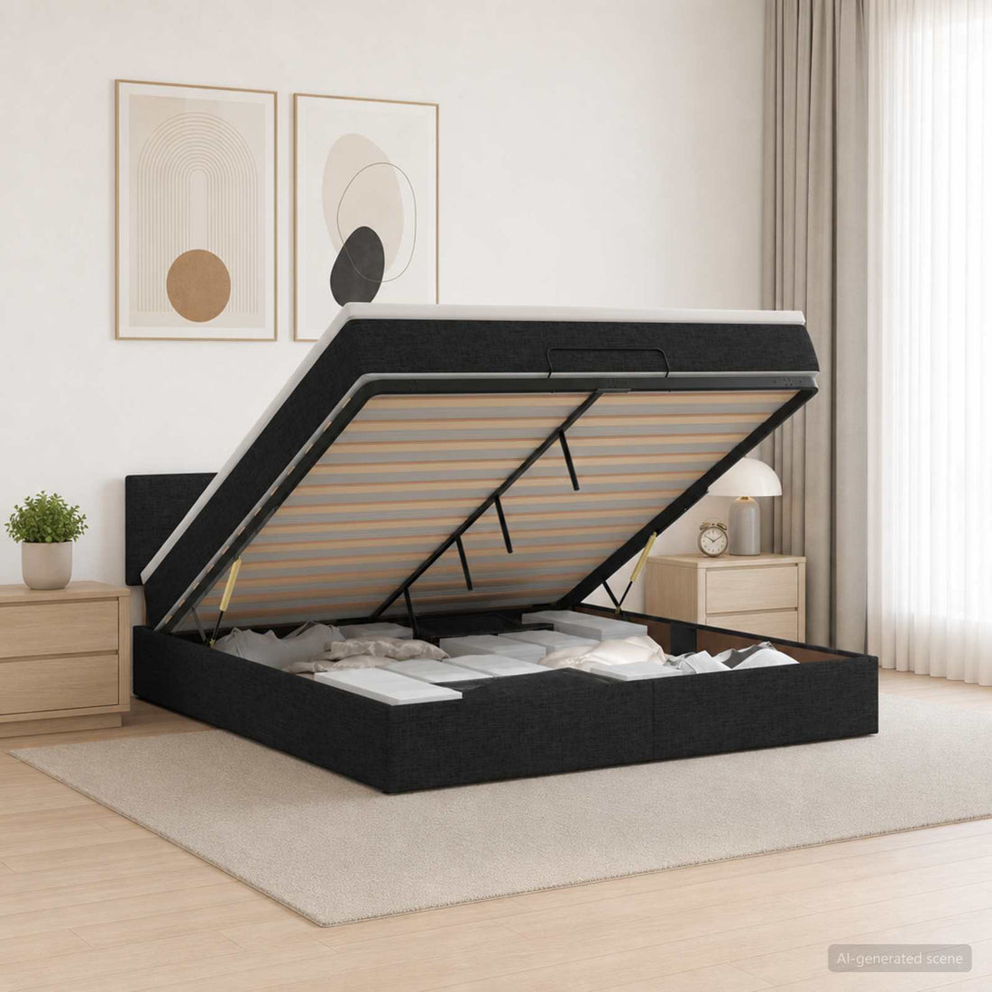 vidaXL Cama otomana con colchón con cabecera Negro 140 x 200 cm Tela