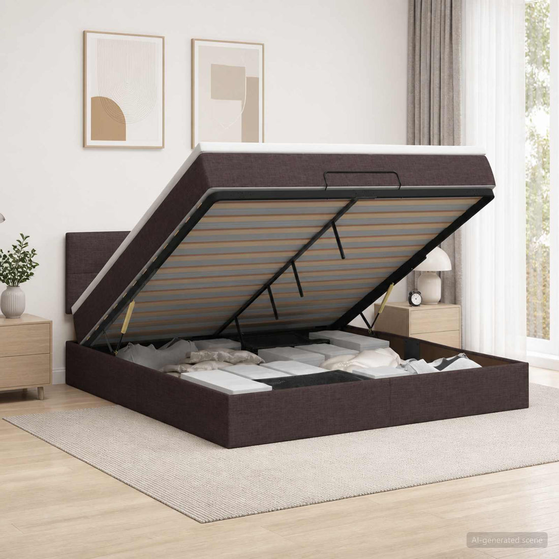 vidaXL Cama tipo otomana con colchón y LED Marrón Oscuro 140 x 200 cm