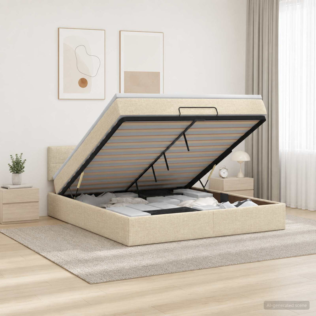 vidaXL Cama otomana con colchón con cabecera Crema 140 x 190 cm Tela