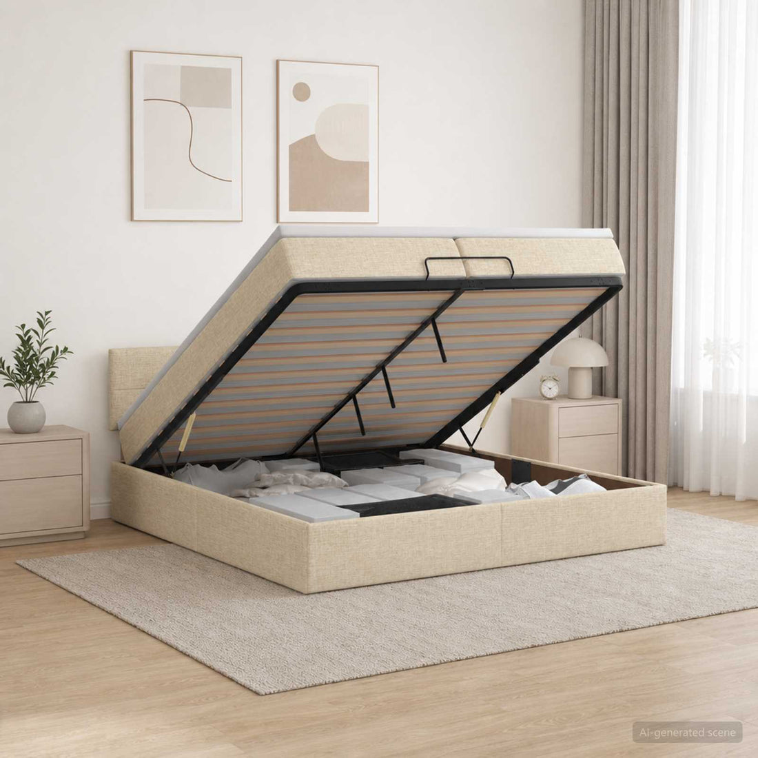 vidaXL Cama otomana con colchón con cabecera Crema 200 x 200 cm Tela