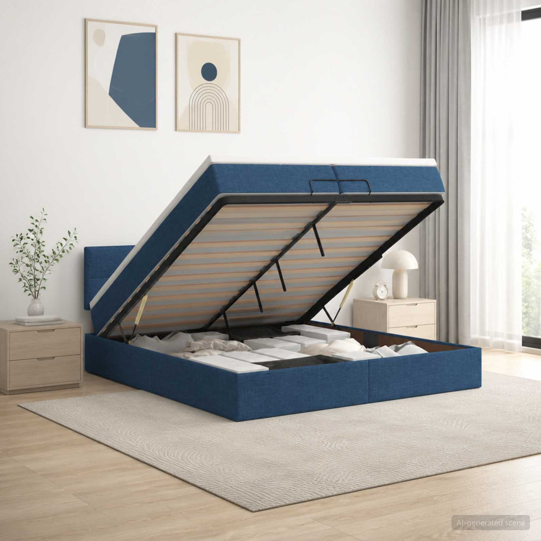 vidaXL Cama otomana con colchón con cabecera Azul 200 x 200 cm Tela