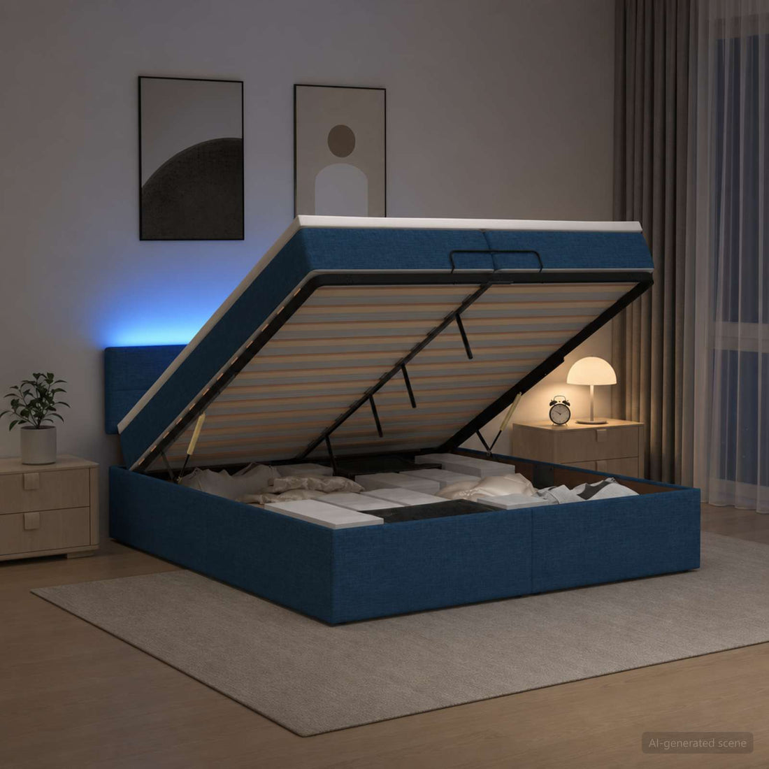 vidaXL Cama tipo otomana con colchón y LED Azul 200 x 200 cm Tela