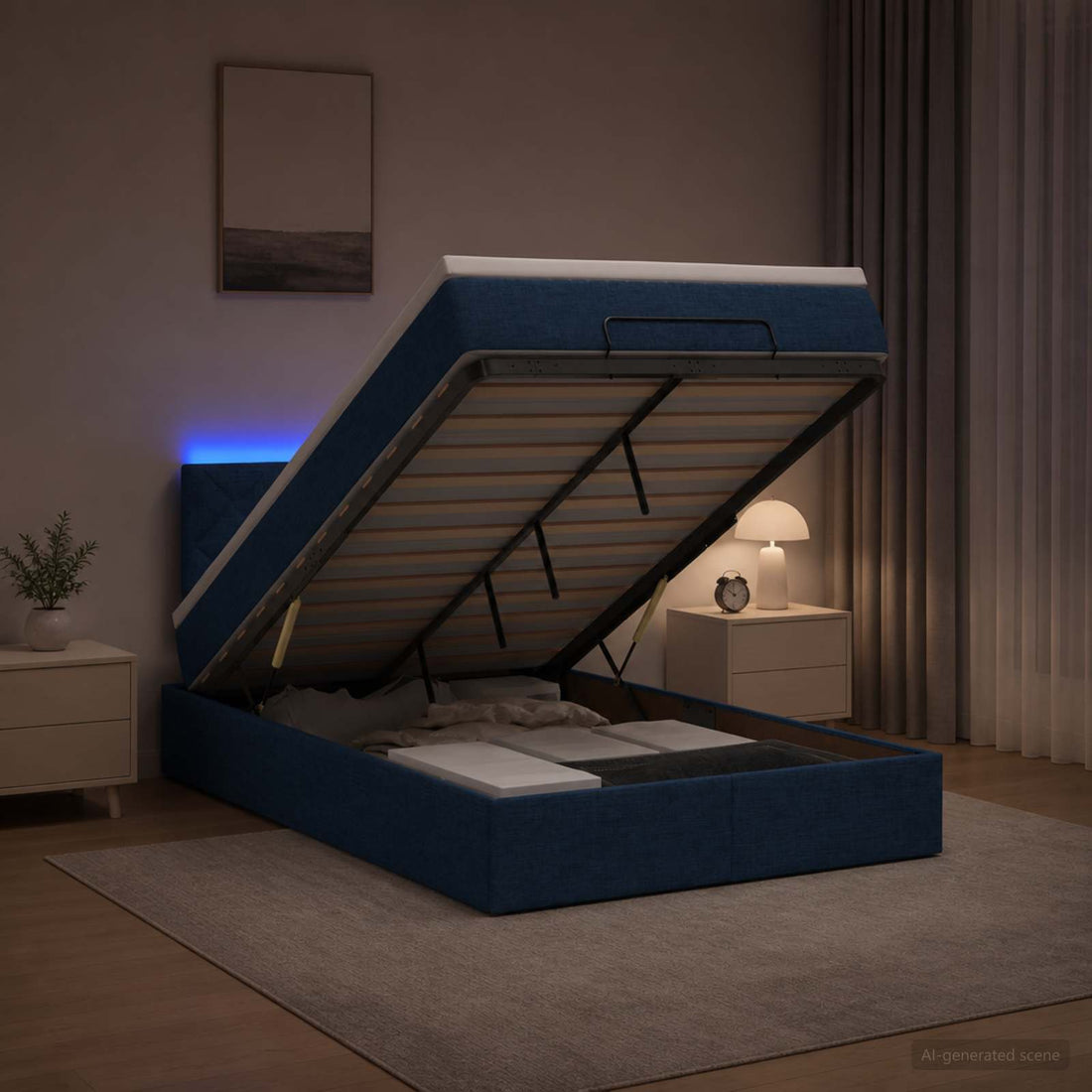 vidaXL Cama tipo otomana con colchón y LED Azul 120 x 190 cm Tela