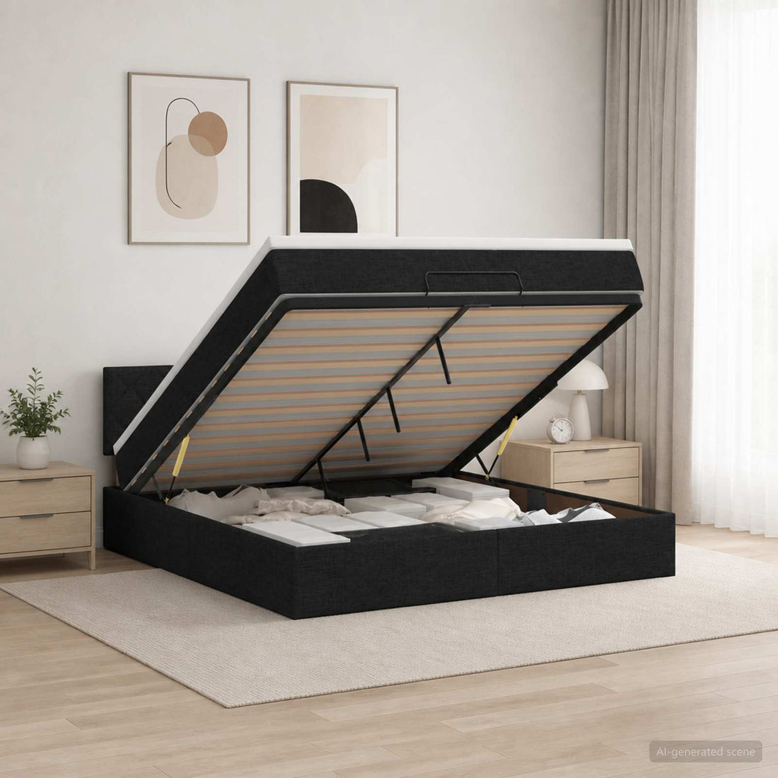 vidaXL Cama otomana con colchón con cabecera Negro 160 x 200 cm Tela