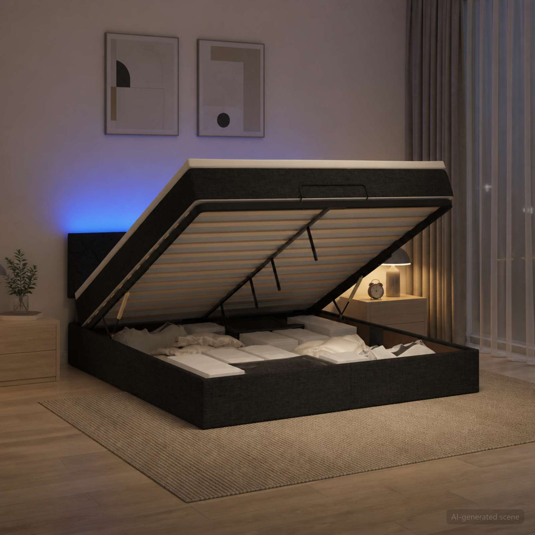 vidaXL Cama tipo otomana con colchón y LED Negro 180 x 200 cm Tela