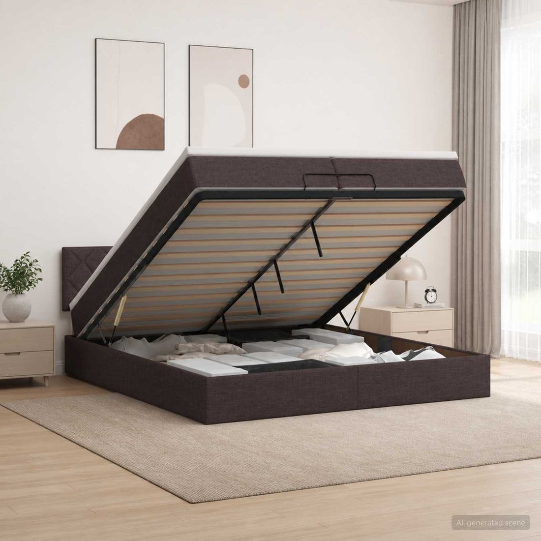 vidaXL Cama otomana con colchón Marrón Oscuro 200 x 200 cm Tela