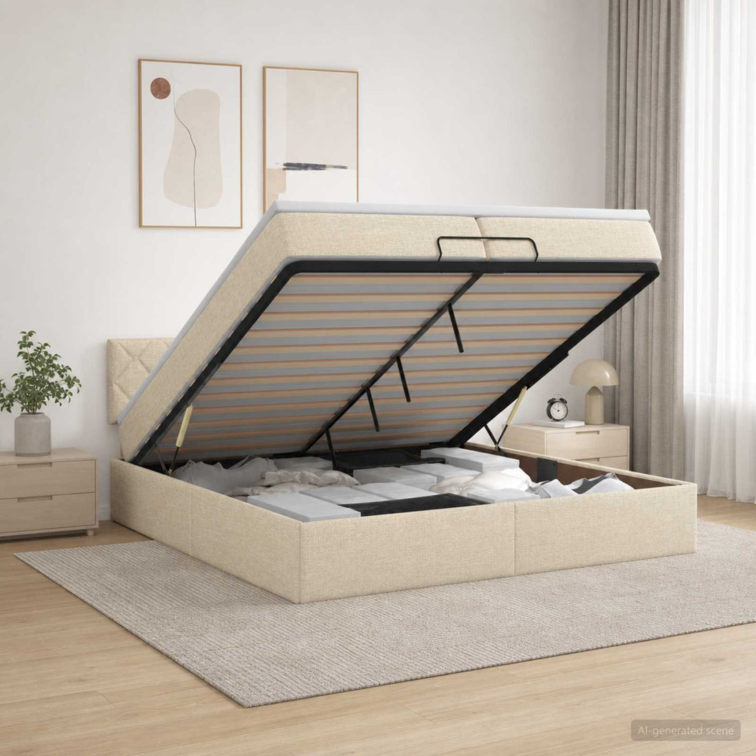 vidaXL Cama otomana con colchón con cabecera Crema 200 x 200 cm Tela
