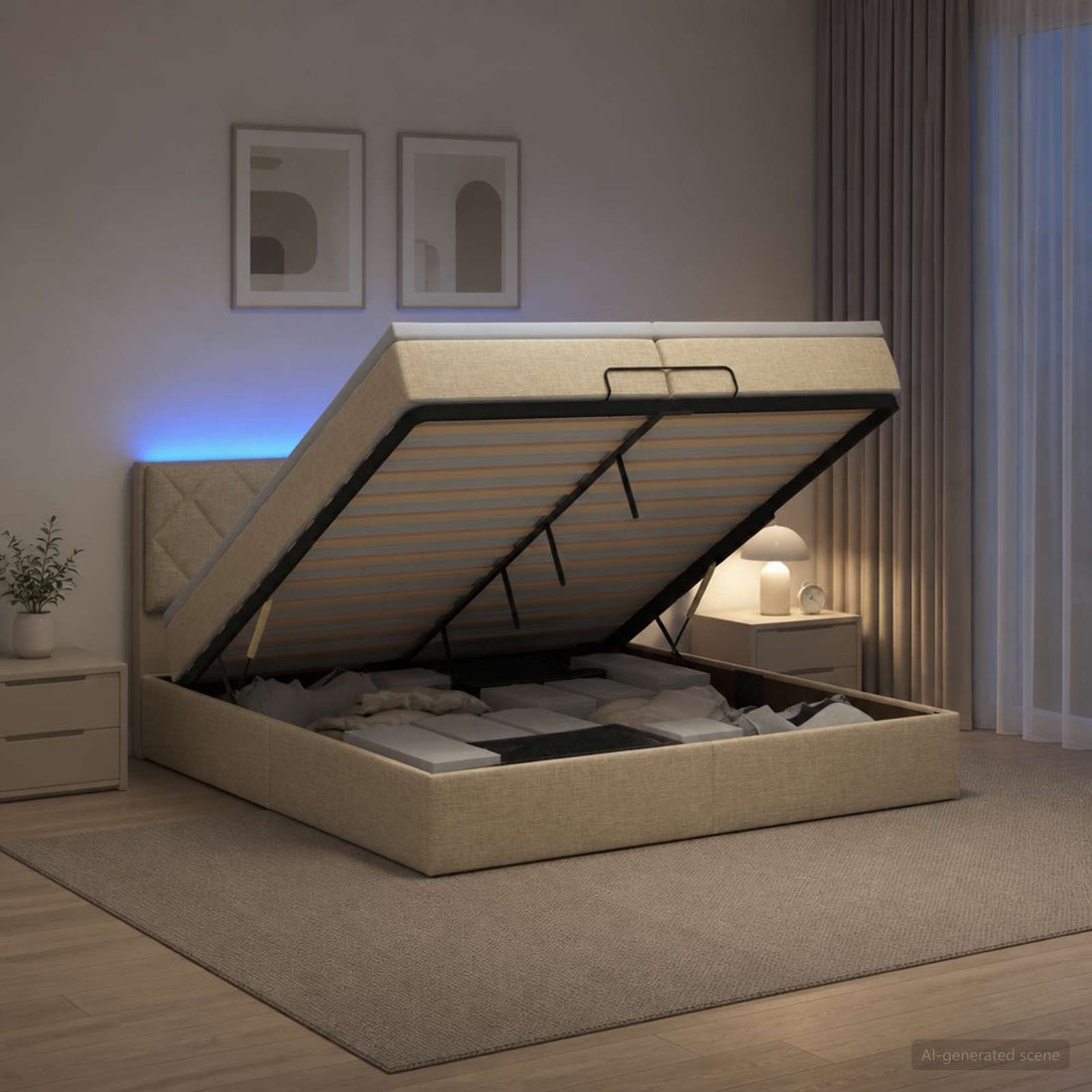 vidaXL Cama tipo otomana con colchón y LED Crema 200 x 200 cm Tela