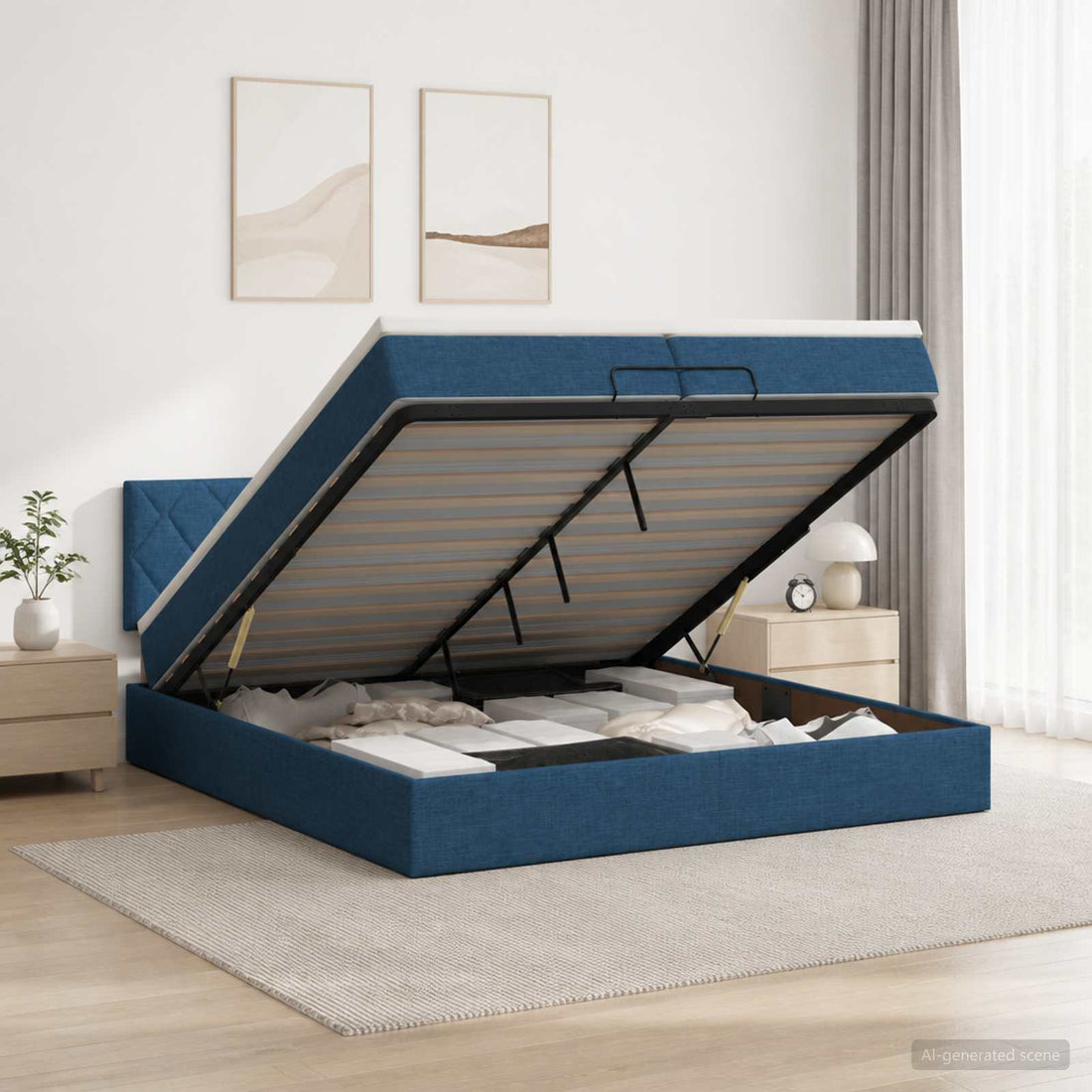 vidaXL Cama tipo otomana con colchón y LED Azul 200 x 200 cm Tela