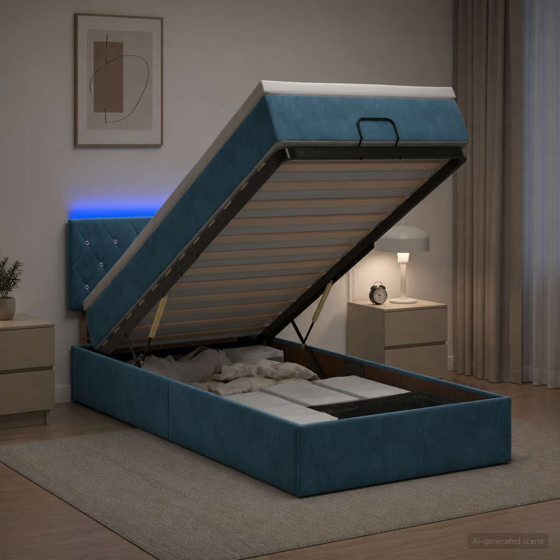 vidaXL Cama tipo otomana con colchón y LED Azul oscuro 100 x 200 cm