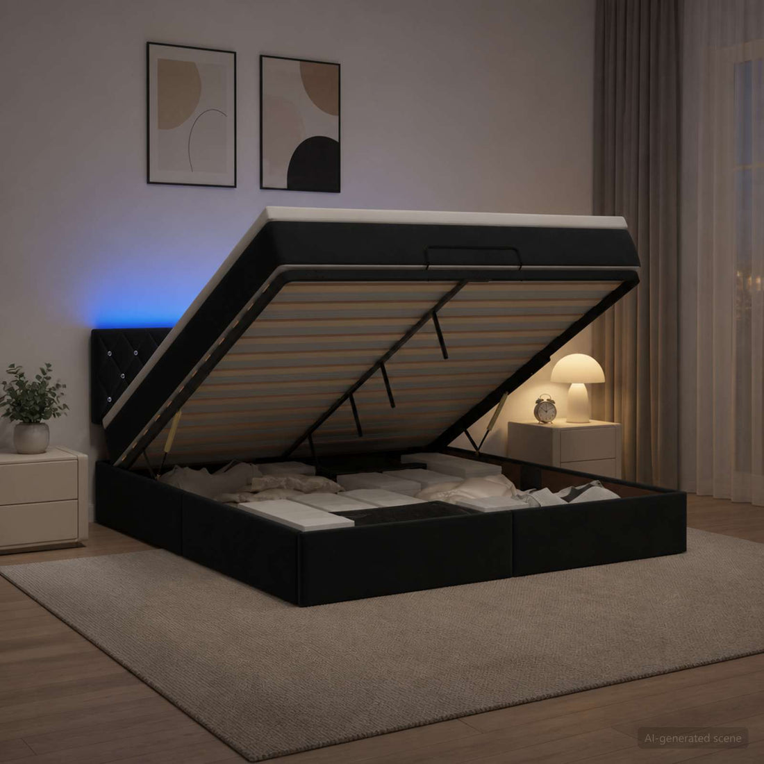 vidaXL Cama tipo otomana con colchón y LED Negro 140 x 190 cm