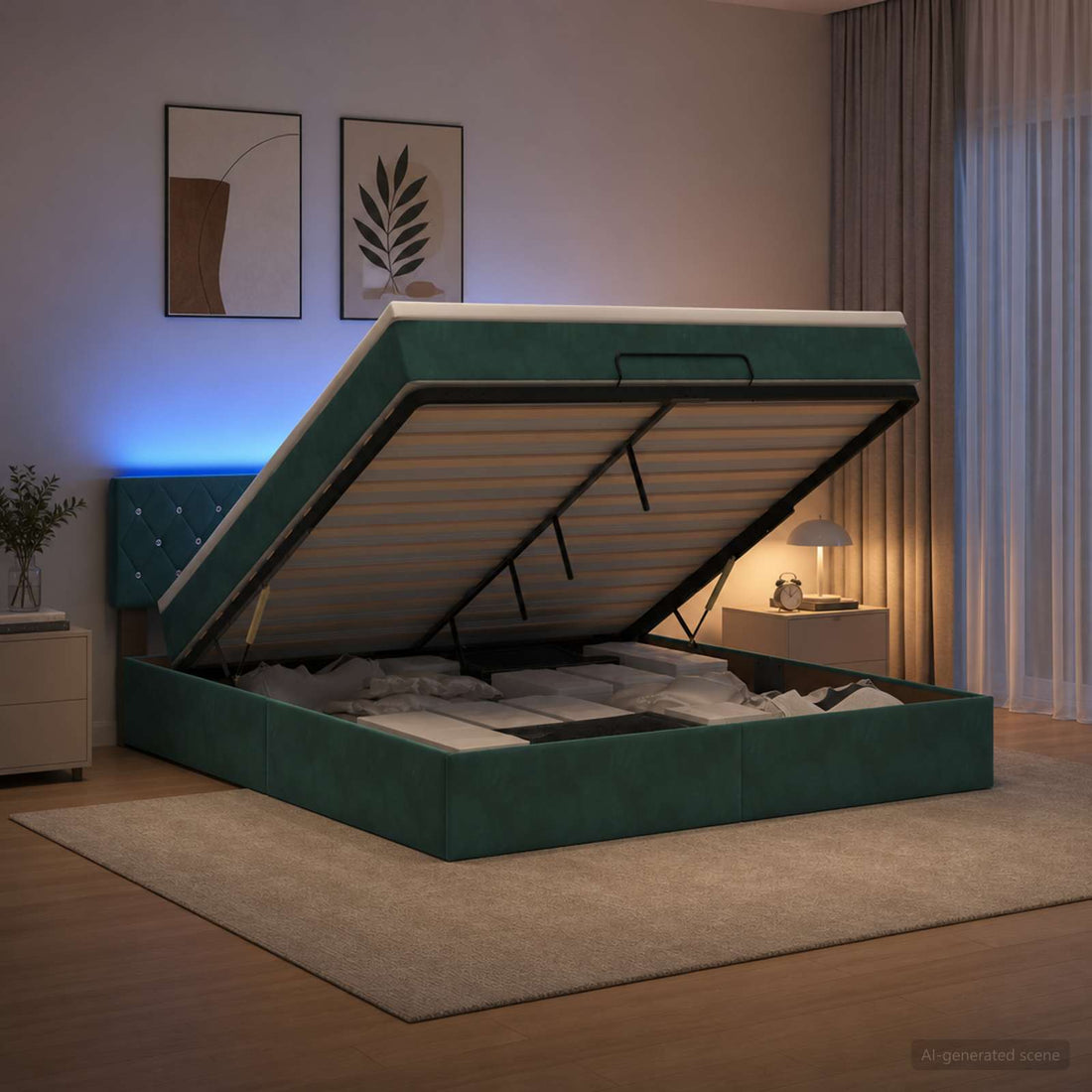 vidaXL Cama tipo otomana con colchón y LED Verde oscuro 140 x 190 cm