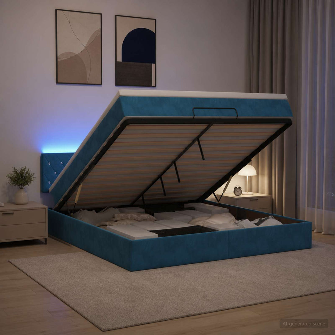 vidaXL Cama tipo otomana con colchón y LED Azul oscuro 160 x 200 cm