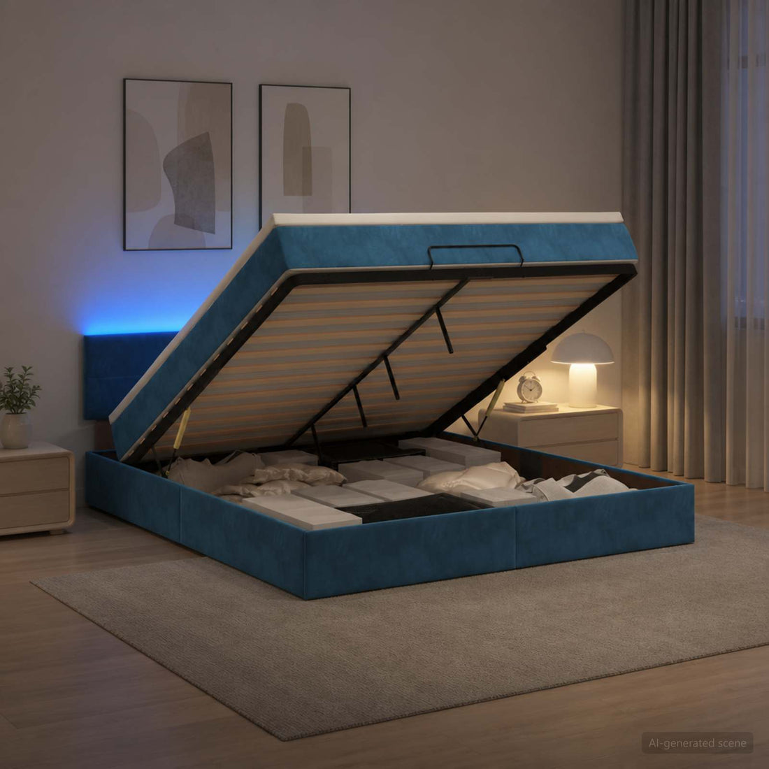 vidaXL Cama tipo otomana con colchón y LED Azul oscuro 140 x 190 cm
