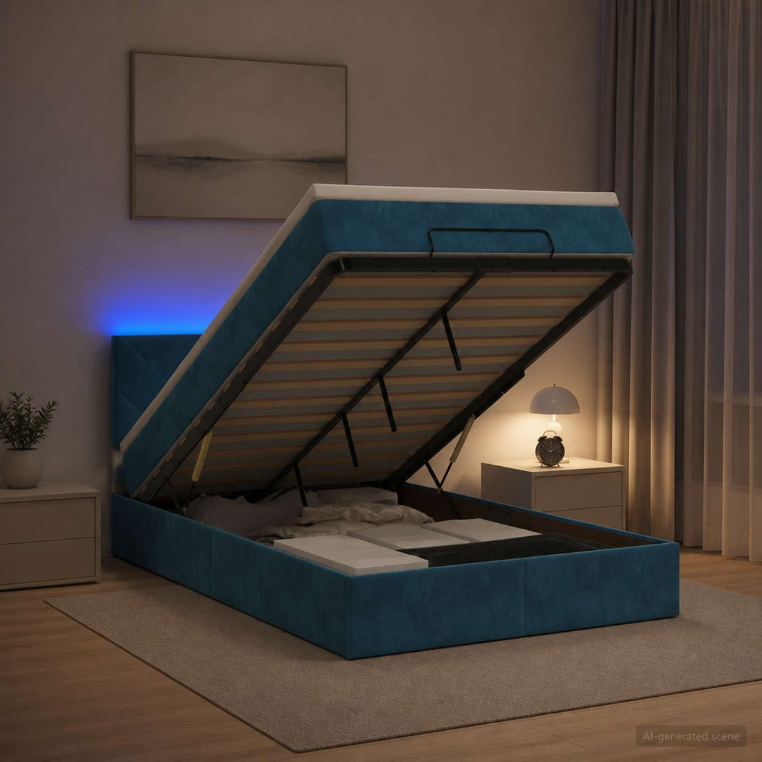 vidaXL Cama tipo otomana con colchón y LED Azul oscuro 120 x 200 cm