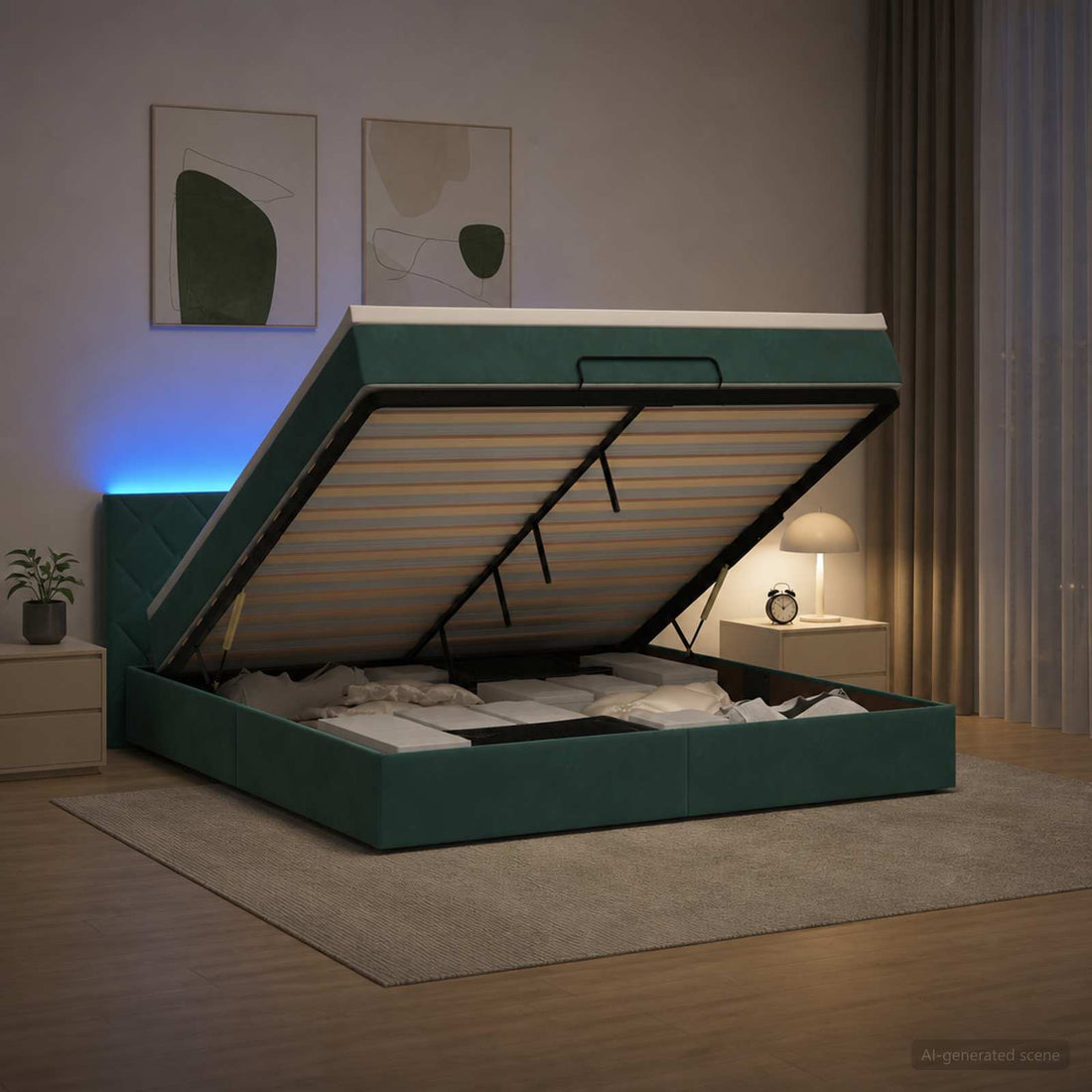 vidaXL Cama tipo otomana con colchón y LED Verde oscuro 140 x 200 cm