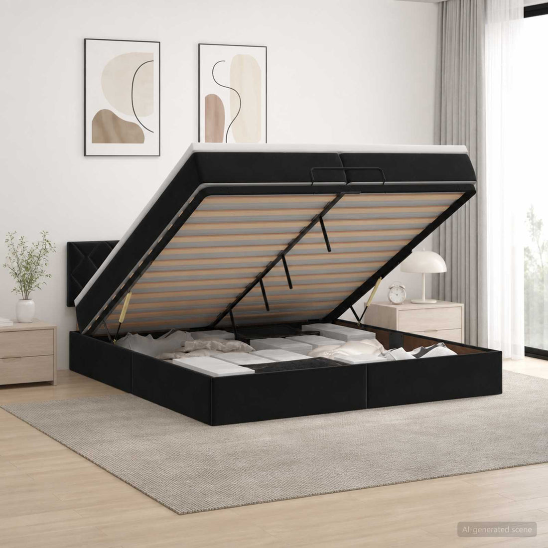 vidaXL Cama otomana con colchón Negro 200 x 200 cm Terciopelo