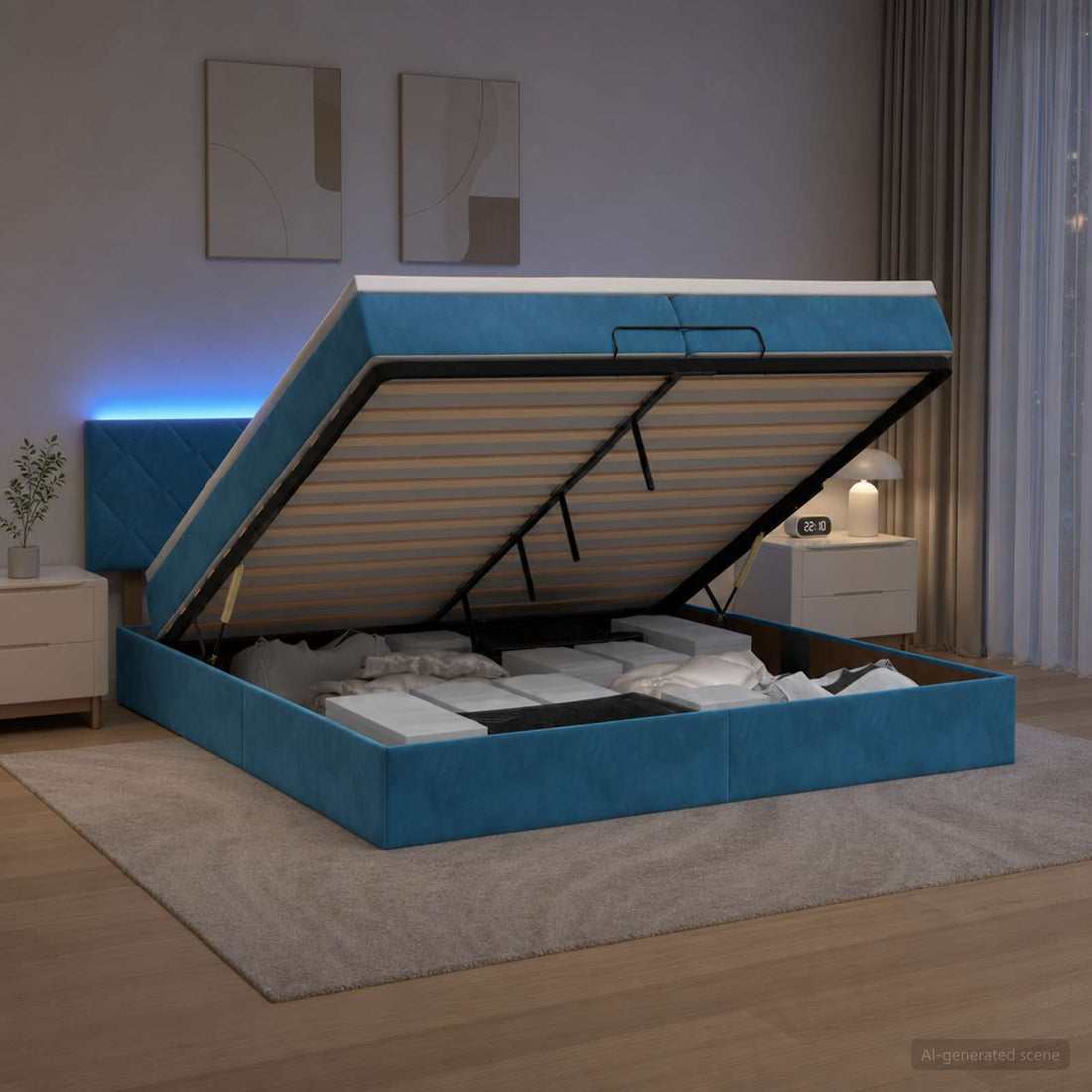 vidaXL Cama tipo otomana con colchón y LED Azul Oscuro 200 x 200 cm