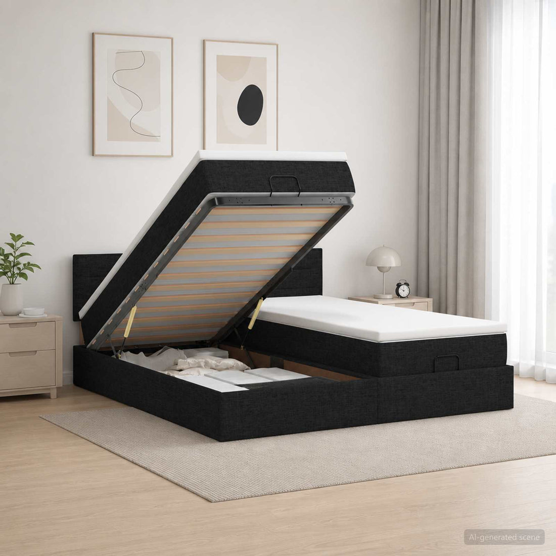 vidaXL Cama otomana con colchón con cabecera 2 uds. Negro Tela