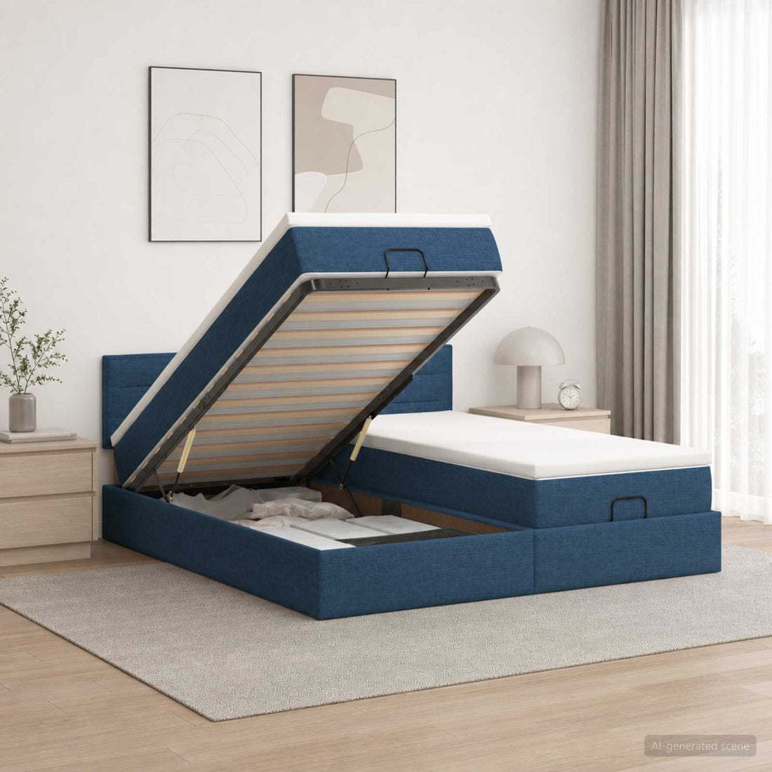 vidaXL Cama otomana con colchón con cabecera 2 uds. Azul Tela