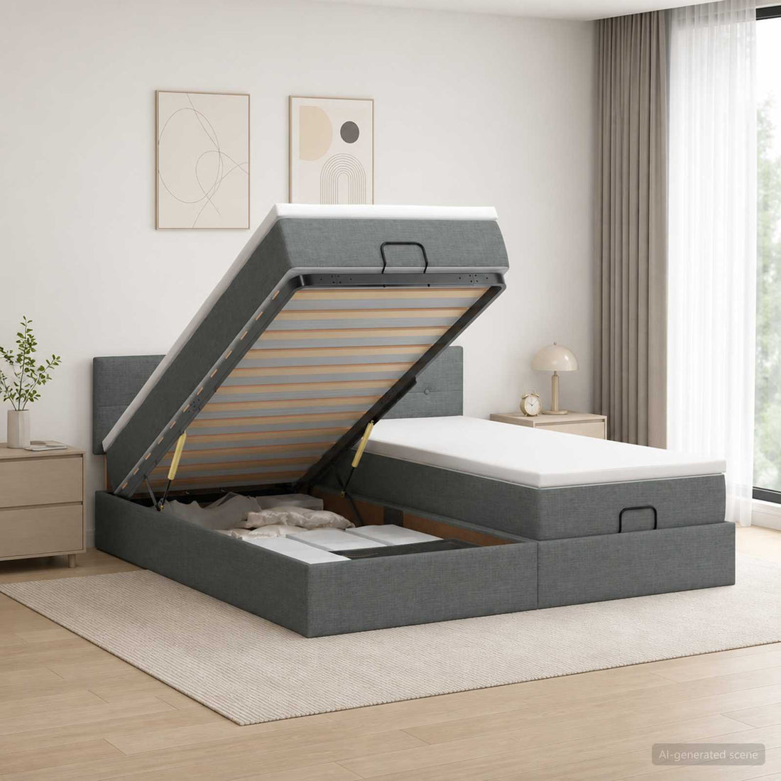 vidaXL Cama otomana con colchón con cabecera 2 uds. Gris oscuro Tela