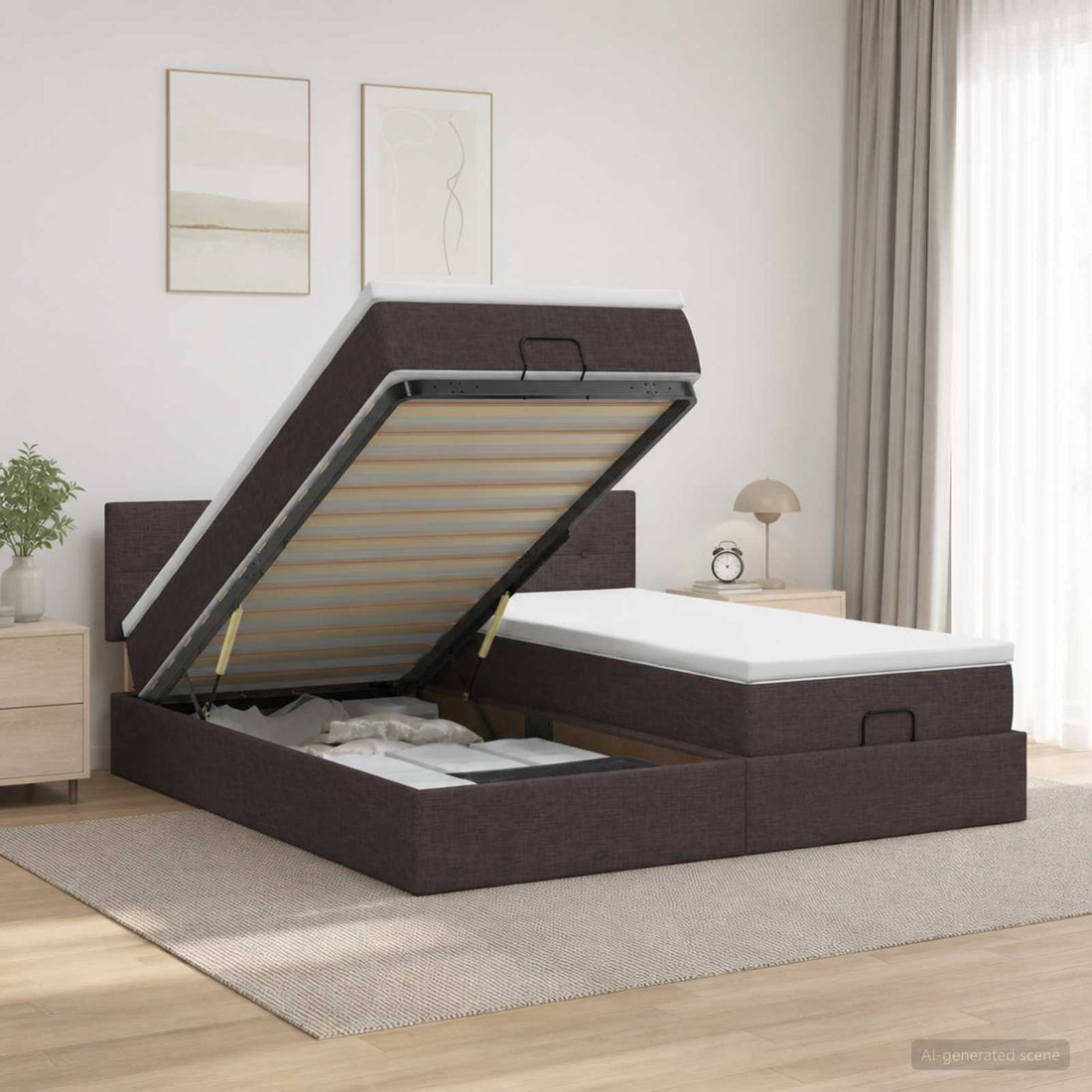 vidaXL Cama otomana con colchón con cabecera 2 uds. Marrón Oscuro Tela