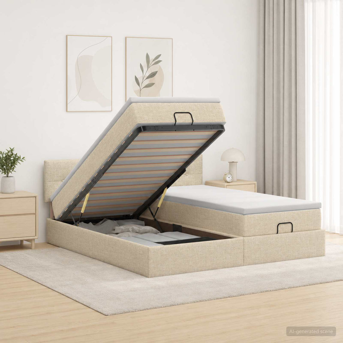 vidaXL Cama otomana con colchón con cabecera 2 uds. Crema Tela