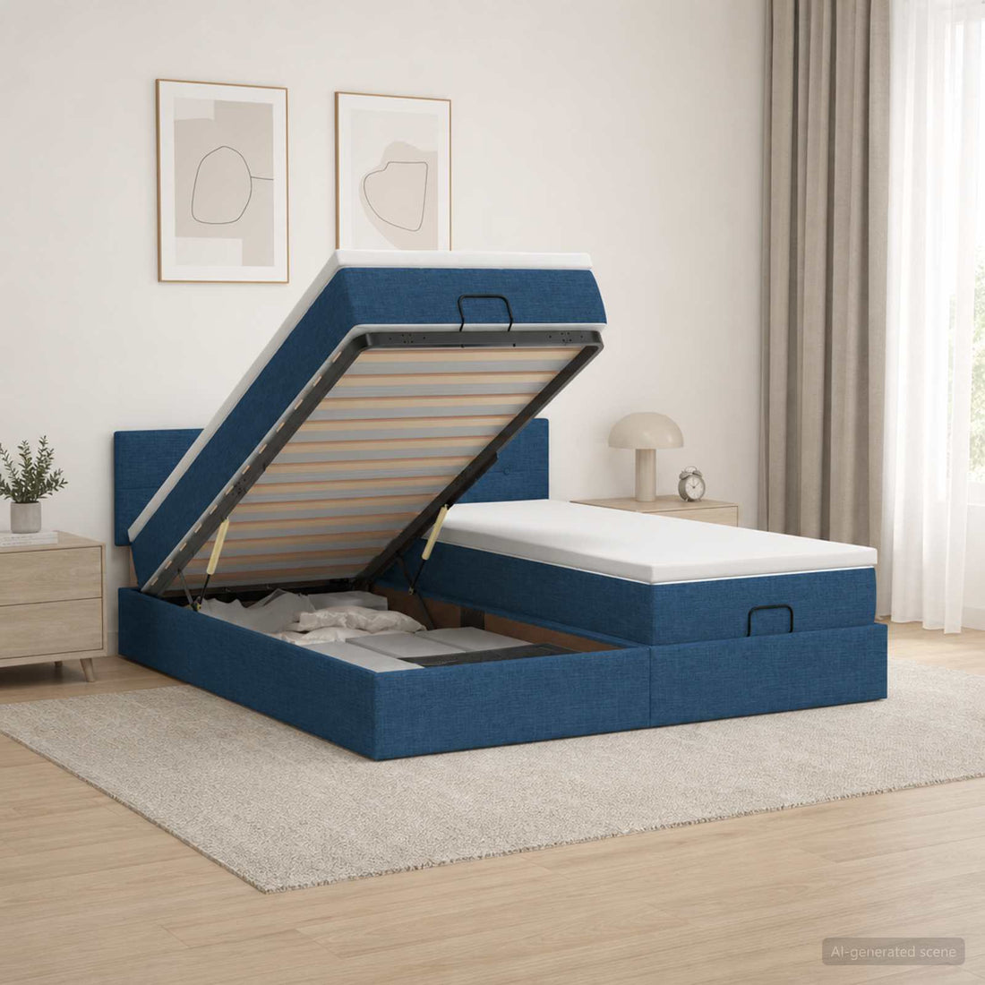 vidaXL Cama otomana con colchón con cabecera 2 uds. Azul Tela