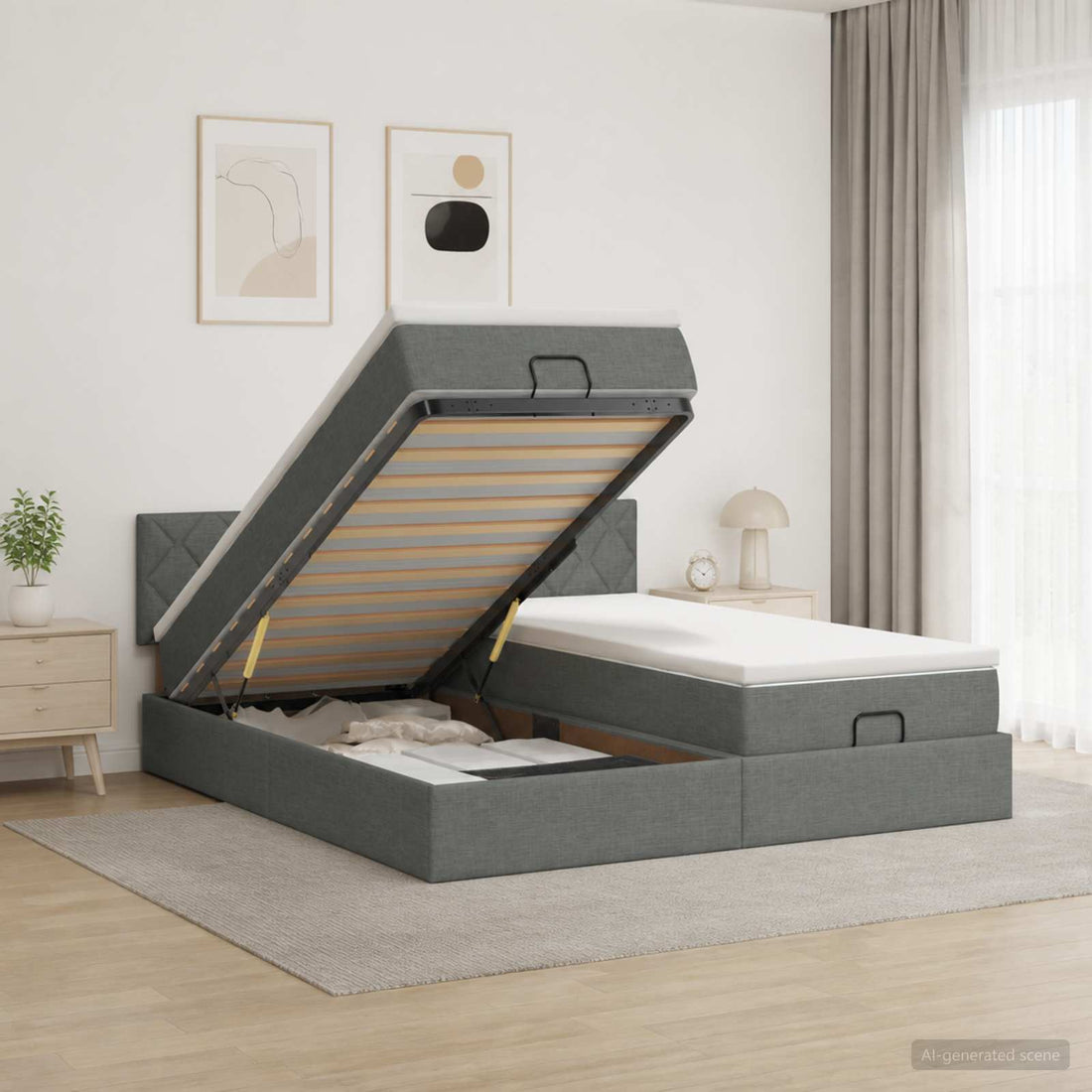 vidaXL Cama otomana con colchón con cabecera 2 uds. Gris oscuro Tela