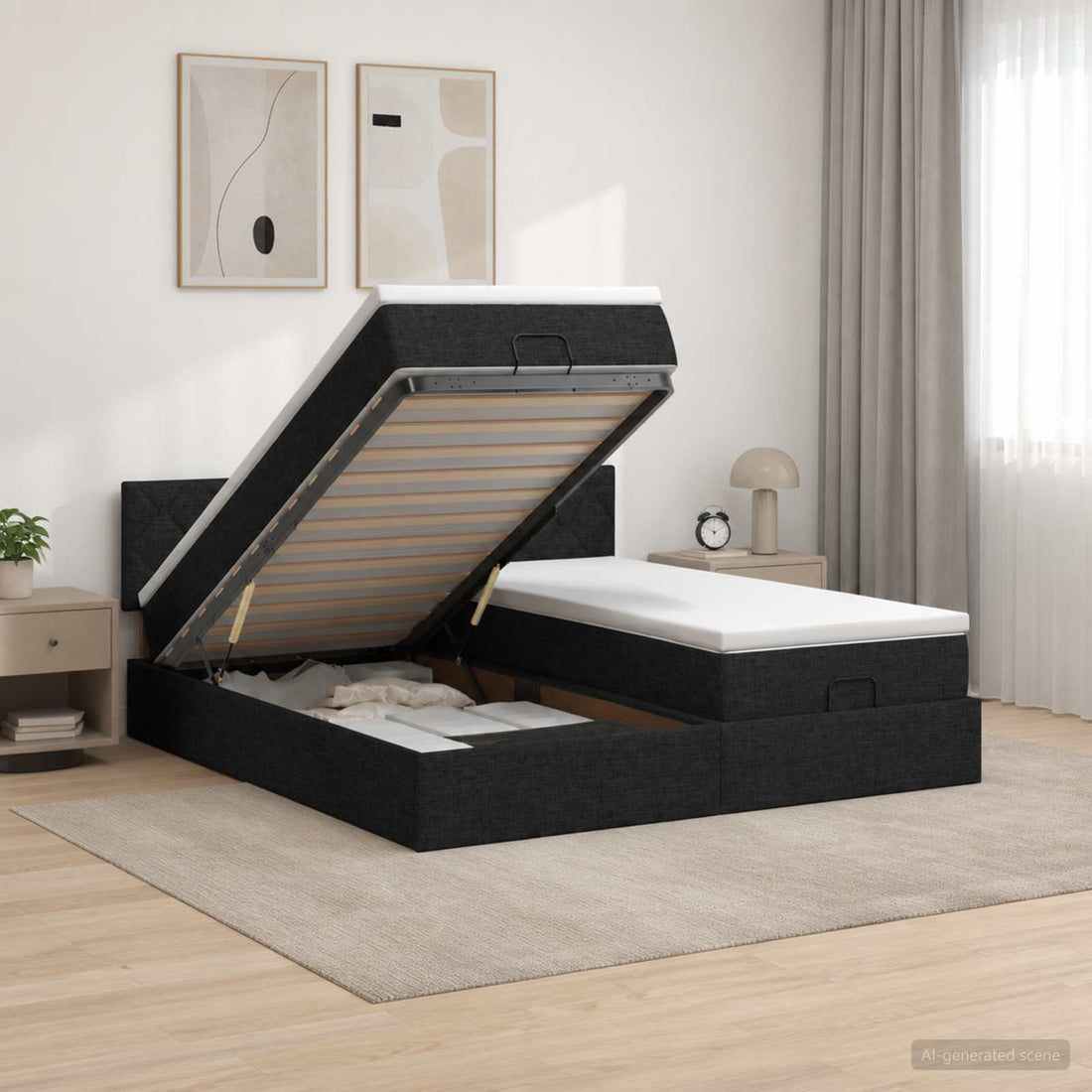 vidaXL Cama otomana con colchón con cabecera 2 uds. Negro Tela