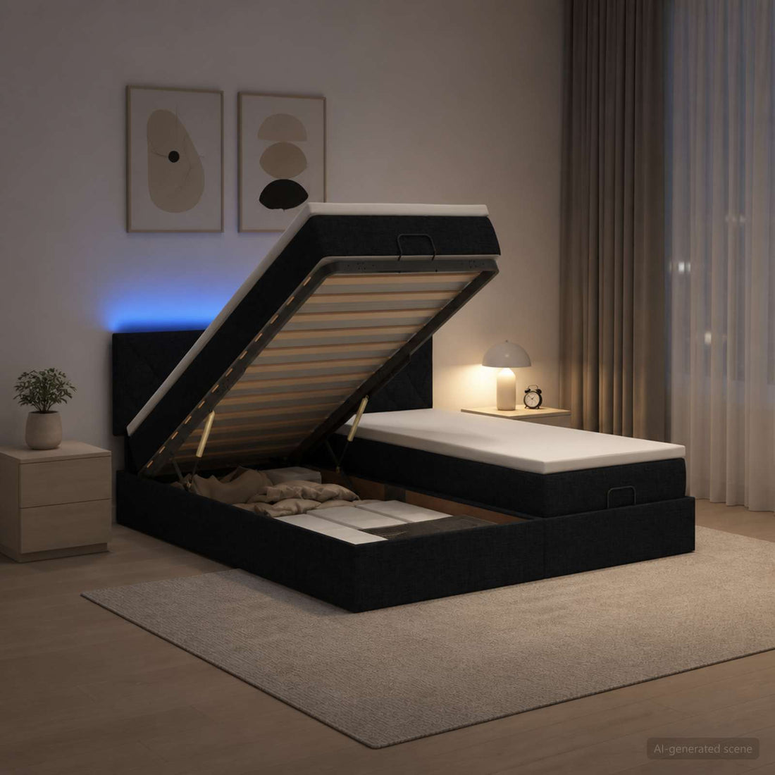 vidaXL Cama tipo otomana con colchón y LED Negro 160 x 200 cm Tela