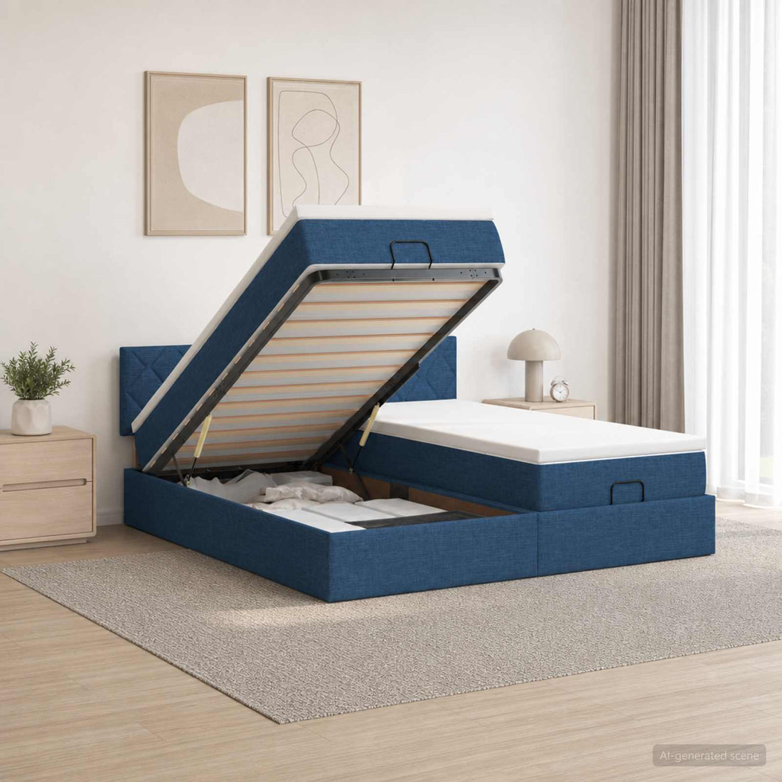 vidaXL Cama otomana con colchón con cabecera 2 uds. Azul Tela
