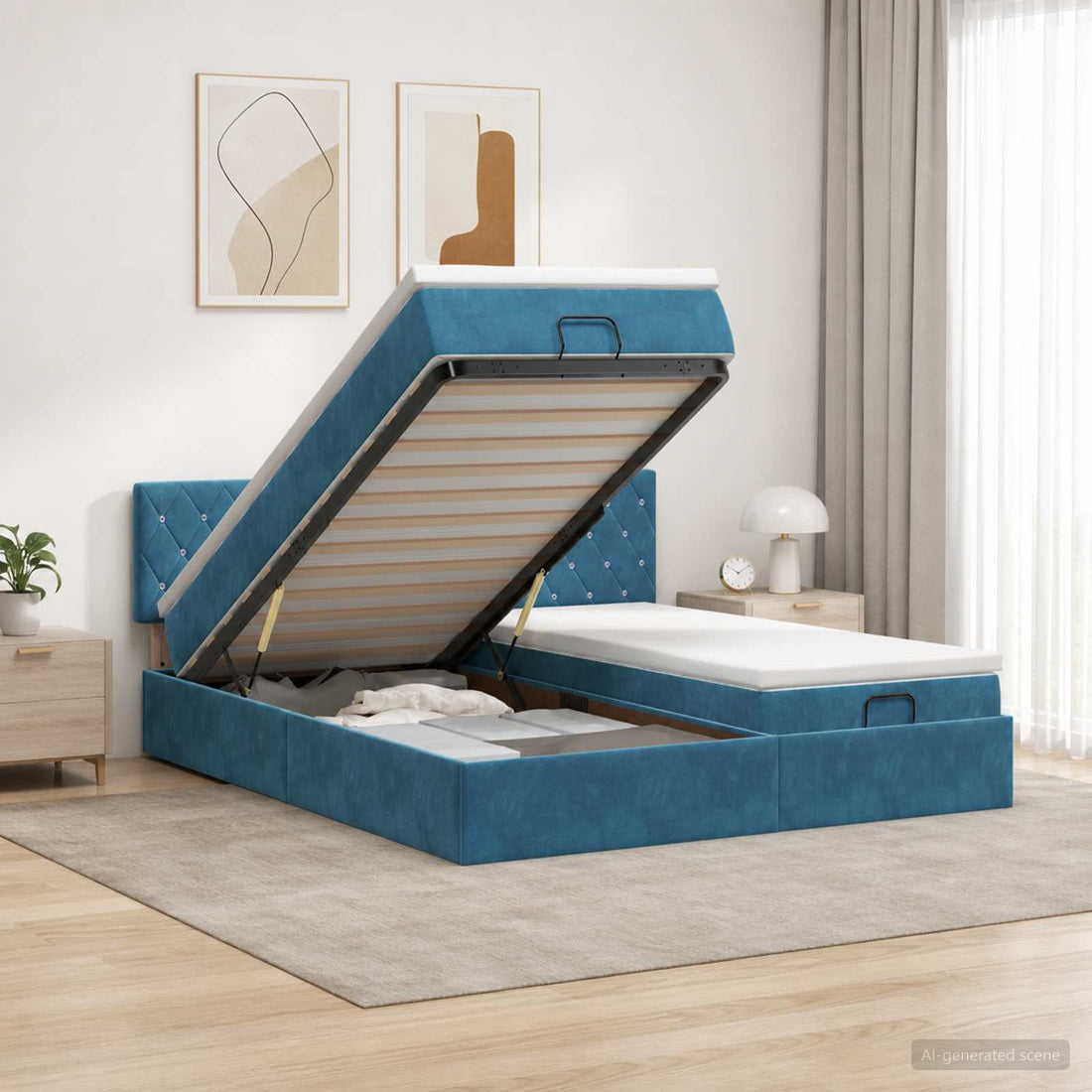 vidaXL Cama tipo otomana con colchón y LED Azul oscuro 200 x 200 cm