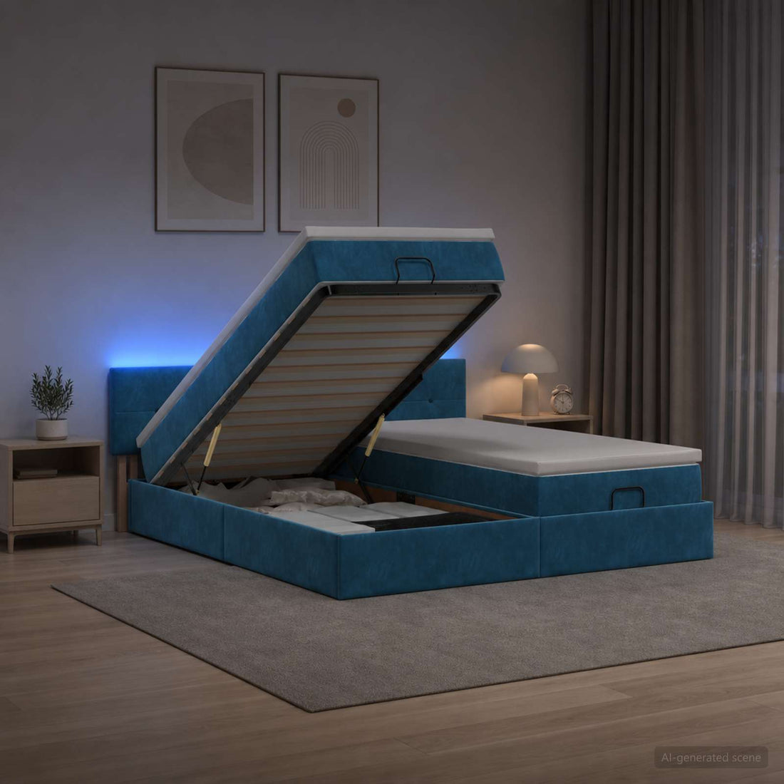 vidaXL Cama tipo otomana con colchón y LED Azul oscuro 200 x 200 cm