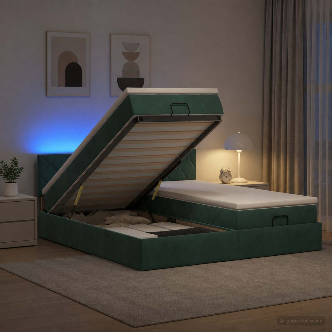 vidaXL Cama tipo otomana con colchón y LED Verde oscuro 160 x 200 cm